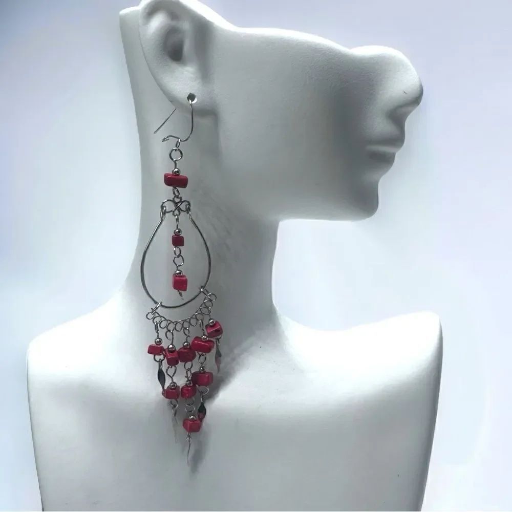 💄RED AGATE💄Handcrafted Vintage Peruvian Chandelier Earrings l 925 hook l EUC